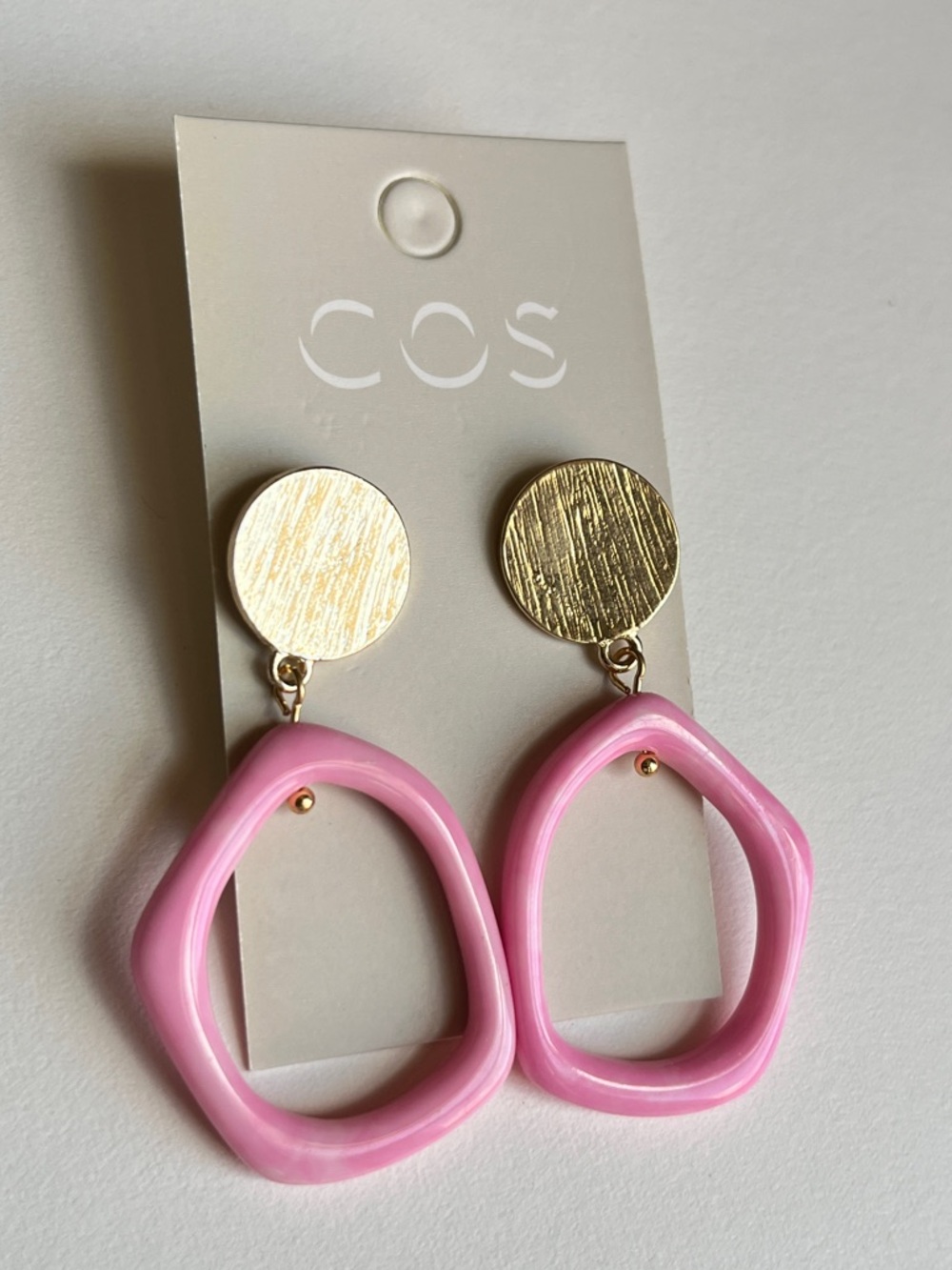 COS Pink Resin Irregular Hoop Earrings with Brushed Gold Discs